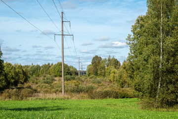 High-voltage transmission line stretches along a forest clearing along a bright sunny day.