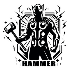 Knight with Thor's hammer, black silhouette on a transparent background, vector for stencil.