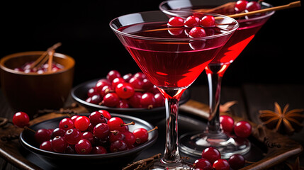 Classic Alcoholic cocktail Served in a Martini Glass and Cherries on Table Selective Focuse Background