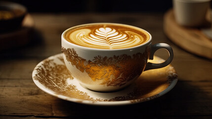 A Cup of Beautiful Cappuccino The Cup is White With Gold Patterns Printed on It With Heart Selective Focus Background