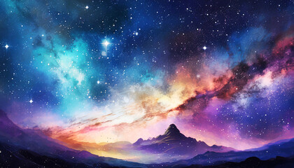 Naklejka premium Abstract colorful under starry sky background aesthetic remixed media landscape. beautiful scene on digital art concpet, Generative AI.