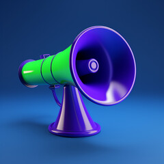 a realistic megaphone blue accent color, dark blue background color, futuristic, accent colors lime green, bright purple created with Generative Ai