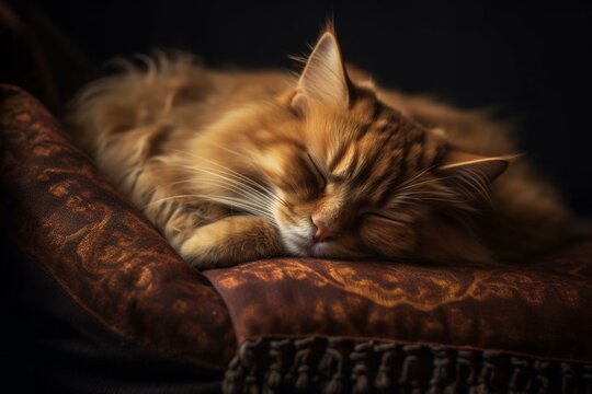 Sleeping Somali cat on a cozy bed. Generative AI