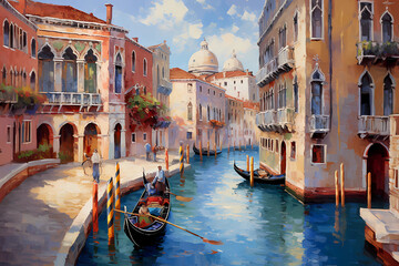 picturesque venetian canal with gondola and historic architecture in vibrant oil painting style - obrazy, fototapety, plakaty