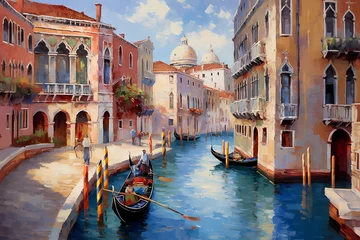 Deurstickers picturesque venetian canal with gondola and historic architecture in vibrant oil painting style © Cool Illustrations