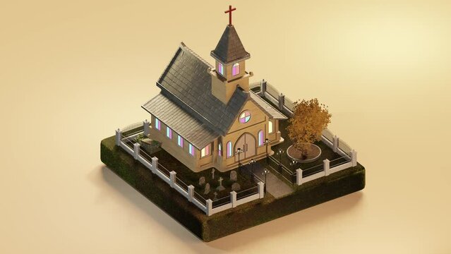 Isometric view of exterior of church model on pale tan background. 3d isometric loop