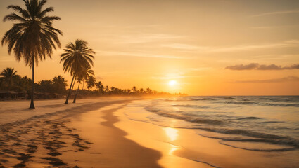 Fototapeta na wymiar A serene beach at sunset with gentle waves, palm tree silhouettes, and a warm, golden glow. Perfect for a relaxing vacation advertisement.