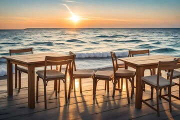 sunset view on the river with wooden chairs and table 