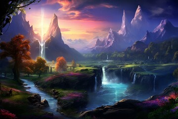 Idyllic scenery of majestic mountains, lush forests, and serene lakes alongside magical elves in a stunning fantasy concept art painting. Generative AI