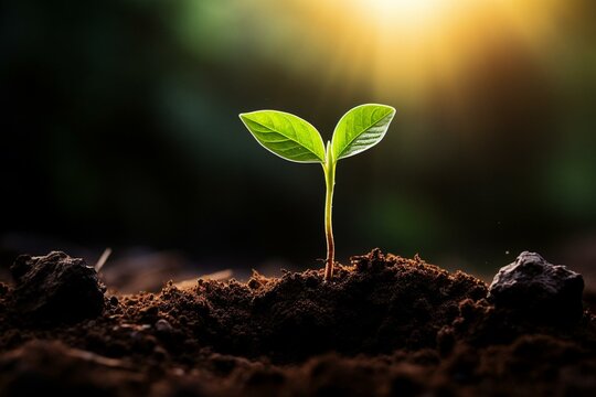 Close-up view of a young plant growing from soil represents new life. Generative AI