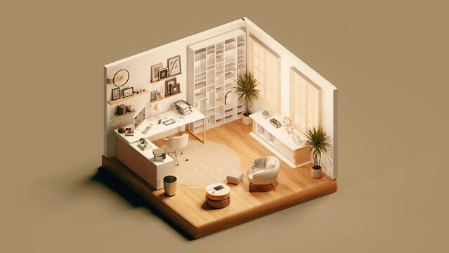 Isometric view of interior of modern study room in cartoon style. 3d isometric loop