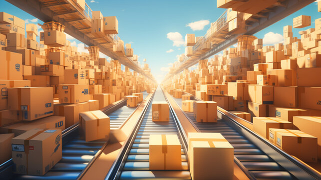 Dynamic movement of multiple cardboard box packages on a conveyor belt within a bustling warehouse fulfillment center. This composition encapsulates the essence of e-commerce, efficient delivery
