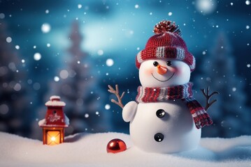 Obraz premium A close-up of a lovely snowman smiling on Christmas Day in the snow showers and beautiful backlight.