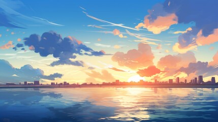 Beautiful city landscape background. Cartoon summer sunset with clouds and lake. Anime style