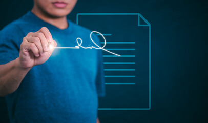 Fototapeta premium The person signing an electronic document on a smartphone, management concept, digital transformation Internet of Things, Big Data and Business Processes, Automated Operations, Data Storage