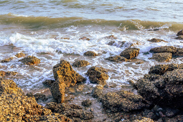 The background of the sea by the evening sea, with natural beauty (sea water, rocks, sky) and fishermen are fishing by the river bank, is a pleasure during travel.