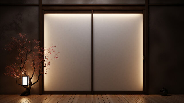 Covered porch and front door of japan home in the night