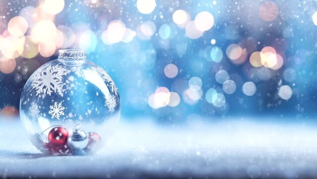 A Christmas bauble lies in the snow. Animated lights and snow. Loop animation. One minute.