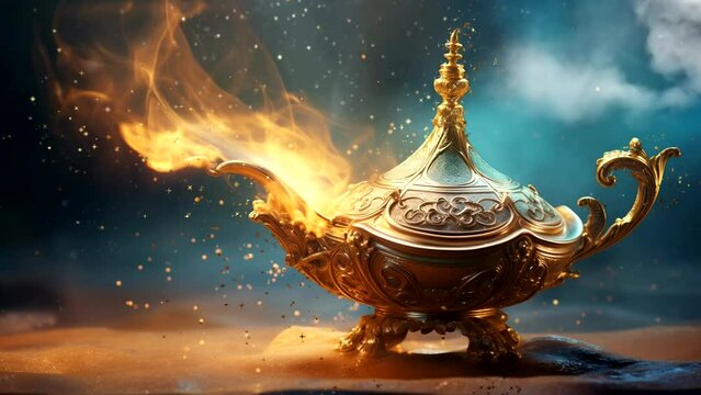 
A magical golden lamp with magic dust rising from it. Animated background. Loop animation. One minute