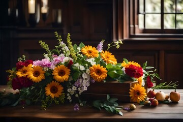 Fototapeta na wymiar elegant flower table with floral arrangements.