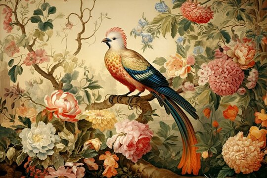 A vintage image of flowers and birds from the 18th century. Generative AI