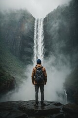 Obraz premium Hiker standing before a breathtaking waterfall on a trek