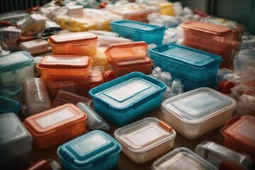 Piles of colorful plastic boxes, organized and vibrant