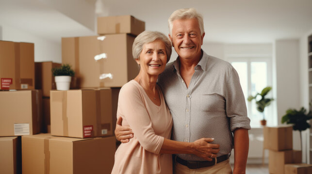 Happy senior couple middle 60s aged woman and man at home with card boxes. Relocation, hospice, new home