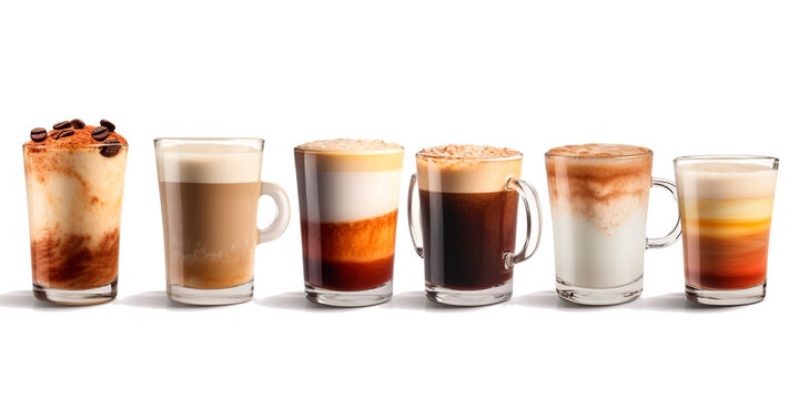 Six glasses of different types of coffee in PNG, Set of different types of coffee in a glass isolated on white background