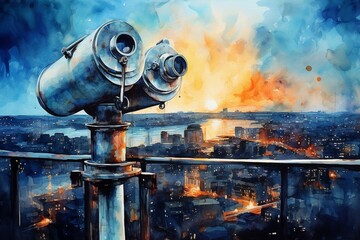 Vast binoculars atop urban observatory captured in watercolor impressionist painting. Generative AI - obrazy, fototapety, plakaty
