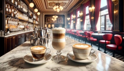 three coffee drink standards placed side by side on an Italian bar countertop. On the left, an espresso in a small, beautiful glass with a perfect crema on top. In the middle, a cappuccino in a medium - obrazy, fototapety, plakaty