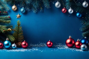 Fototapeta na wymiar christmas tree and decorations with blue backdrop