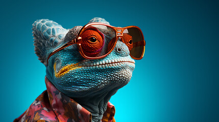 Chameleon Strikes a Pose in Sunglasses on Solid Ground created with generative AI technology - obrazy, fototapety, plakaty