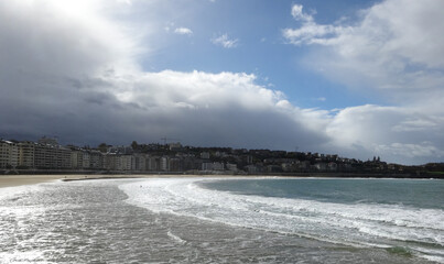 La concha beach in San Sebastian Spain,temporary storm in autumn