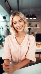 A social live commerce stunning and smiling modern young adult female german influencer promoting beauty and make-up products