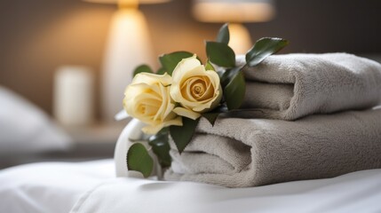 A serene arrangement of white roses on a pile of fluffy white hotel towels that are on a Cozy Bed. A bouquet of white roses and white towels sitting on top of a hotel bed.