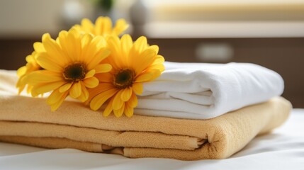 A Tower of Folded Towels With a Sunflower Crown. A bunch of yellow sunflowers sitting on top freshly folded towels on a hotel bed.
