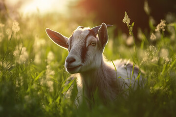 Serene Afternoon: A Goat Resting in the Sunlit Meadow