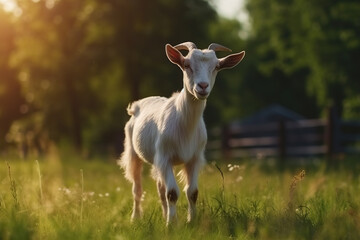 Fototapeta premium Serene Afternoon: A Goat Resting in the Sunlit Meadow