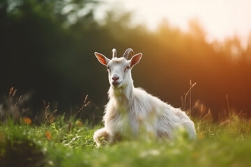Serene Afternoon: A Goat Resting in the Sunlit Meadow