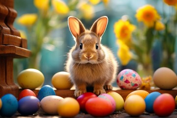 Fototapeta na wymiar adorable rabbit holding vibrant Easter eggs. Generative AI