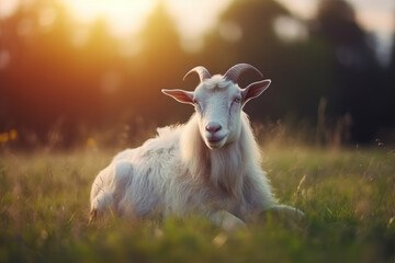 Serene Afternoon: A Goat Resting in the Sunlit Meadow