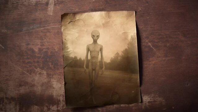 An old vintage style photo in sepia tones shows a humanoid alien from another planet posing next to a country house in a rural area. Strange and creepy sighting for a X file photography expedient