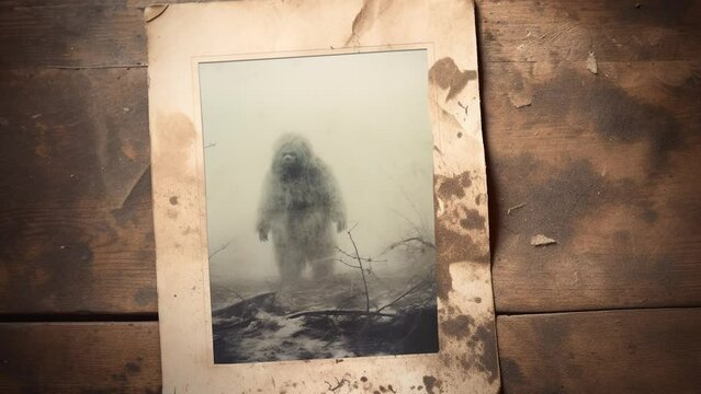 Cryptid sighting: a blurry sepia photo of a yeti or bigfoot in a misty forest. Mythical animal and cryptozoology concept for a mystery files. Weathered picture on a wooden table.
