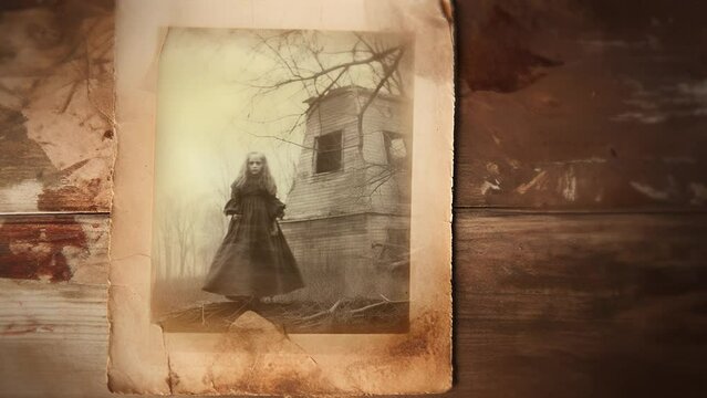 Animation of an old vintage ghostly damaged black and white photograph, showing a ghost girl and a haunted house in the background. A scary and spooky scene for horror and mystery fans
