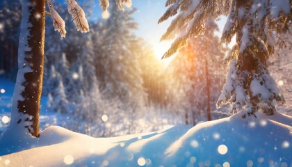 Winter snowy coniferous forest fairy landscape at sunny day background. Happy New Year or Christmas greeting card. Banner.