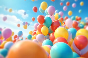 Balloons floating in the sky, vibrant colors. Festive atmosphere. Generative AI
