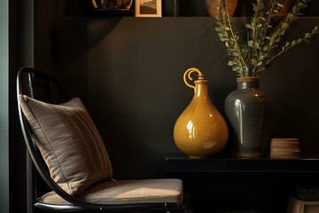 Close-up view of a chair with a lamp and vases on a shelf in a dark brown interior. Generative AI
