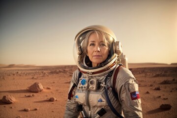 Beautiful adult blonde astronaut woman wearing a gray spacesuit in Mars planet