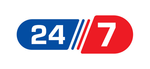 24 hours, seven days concept. blue-red 24:7 logo. 24-7 days logo